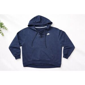 Nike Lace Up Hoodie Mens XL Black Pullover Swoosh Sweatshirt Y2K Casual Top Cozy